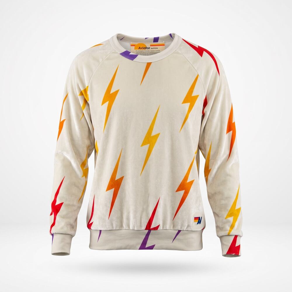 Aviator Nation Velvet Lightning Bolt Sweatshirt Cream Multicolor Size S